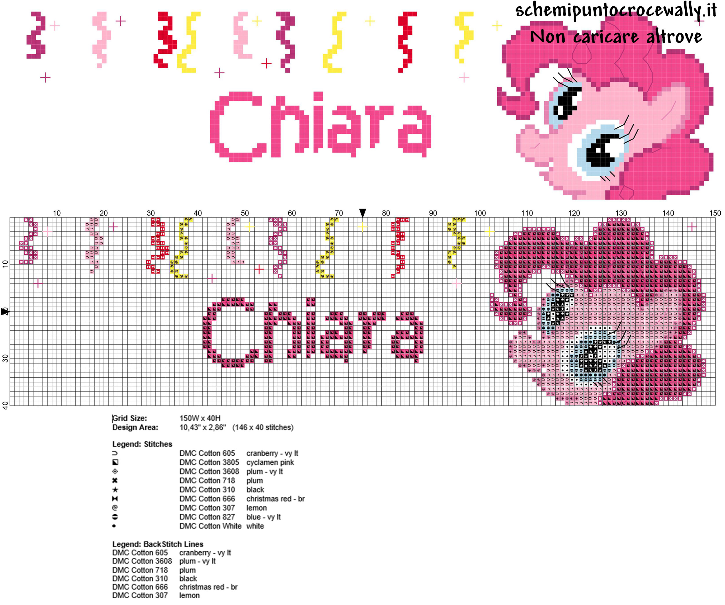 Nome bimba punto croce Chiara con Pinkie Pie delle My Little Pony