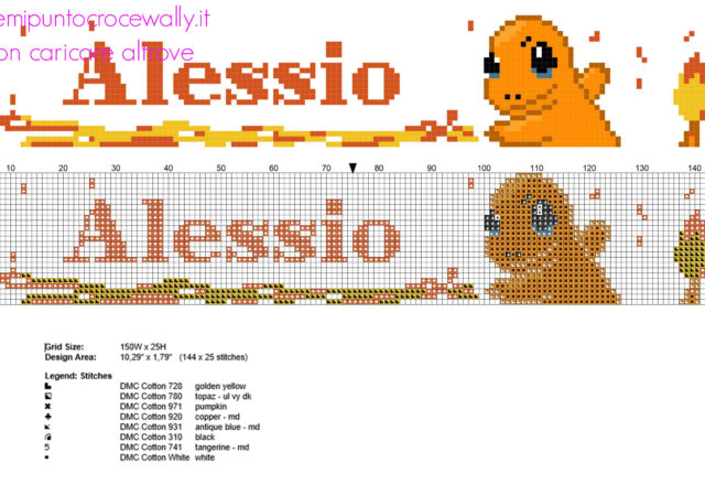 Nome bimbo Alessio col Pokemon Charmander schema punto croce gratis