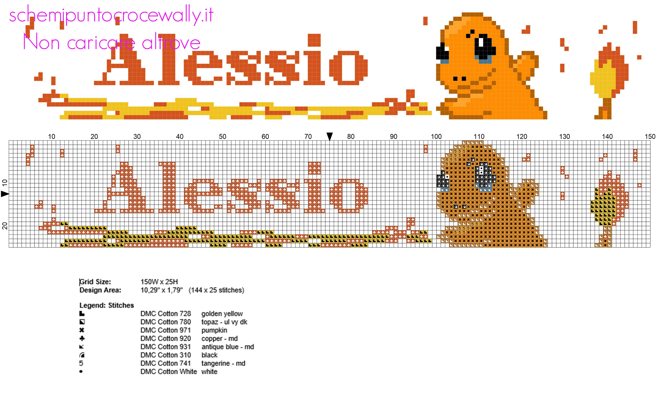 Nome bimbo Alessio col Pokemon Charmander schema punto croce gratis