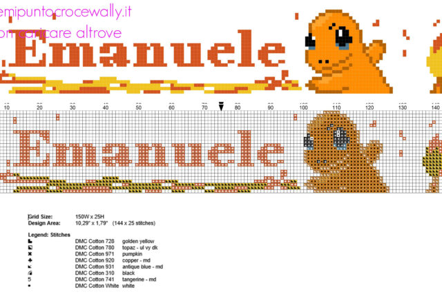 Nome maschile bimbo punto croce da ricamare Emanuele con Pokemon Charmander