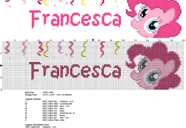 Nome punto croce bambina Francesca con Pinkie Pie personaggio del cartone animato My Little Pony