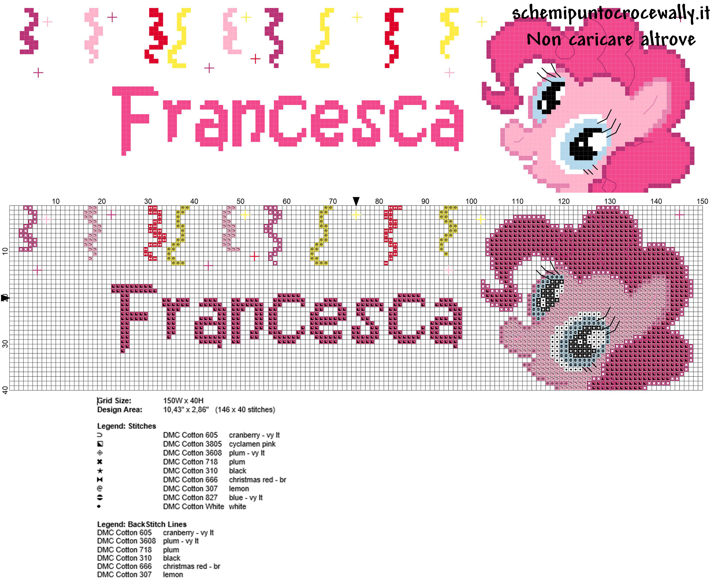 Nome punto croce bambina Francesca con Pinkie Pie personaggio del cartone animato My Little Pony