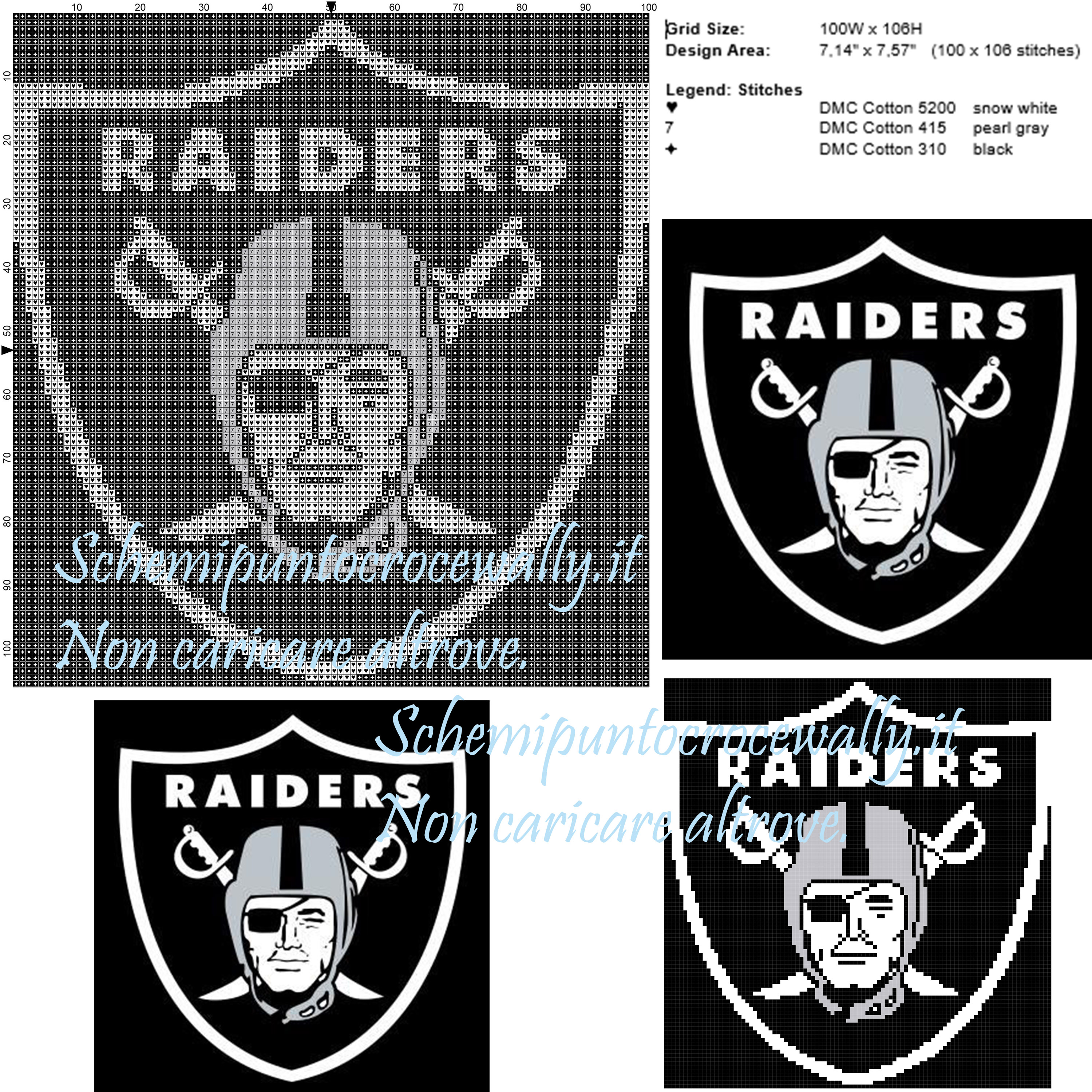 Oakland raiders logo football americano schema punto croce 100x106 3 colori