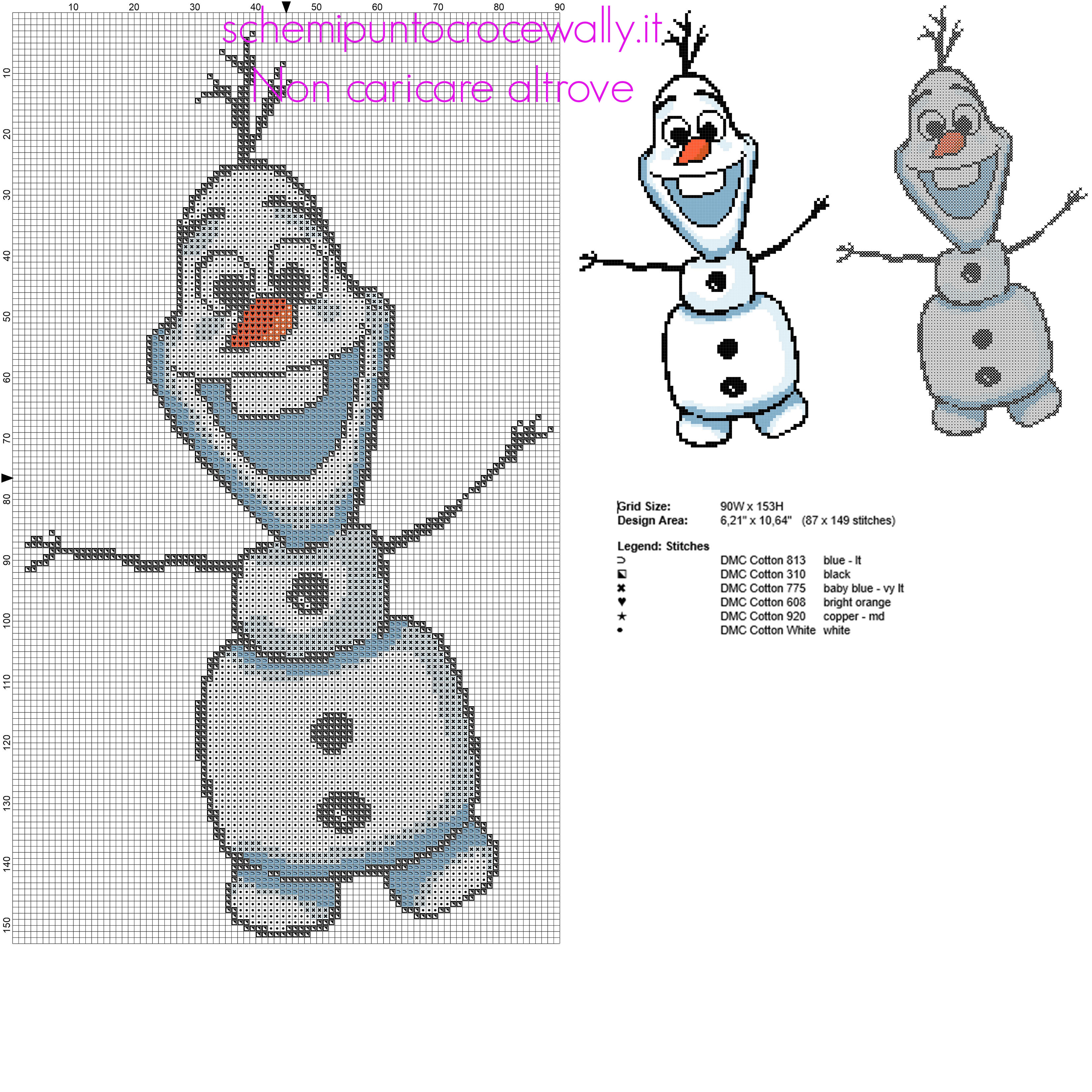 Olaf il pupazzo di neve del cartone animato film Disney Frozen schema punto croce gratuito