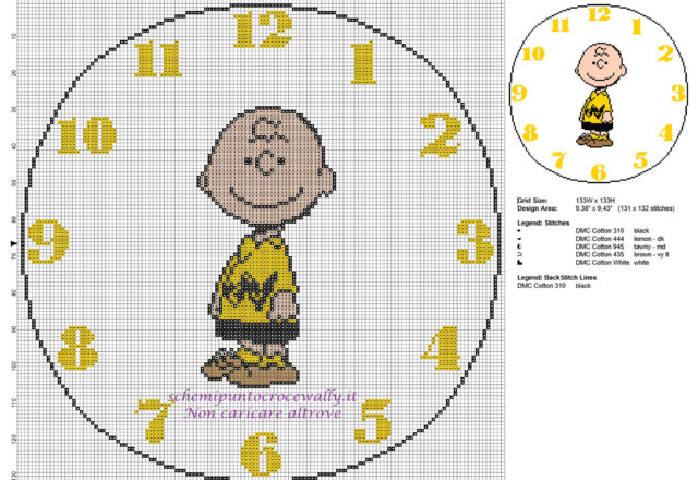 Orologio da parete per bambino con Charlie Brown schema ricamo punto croce