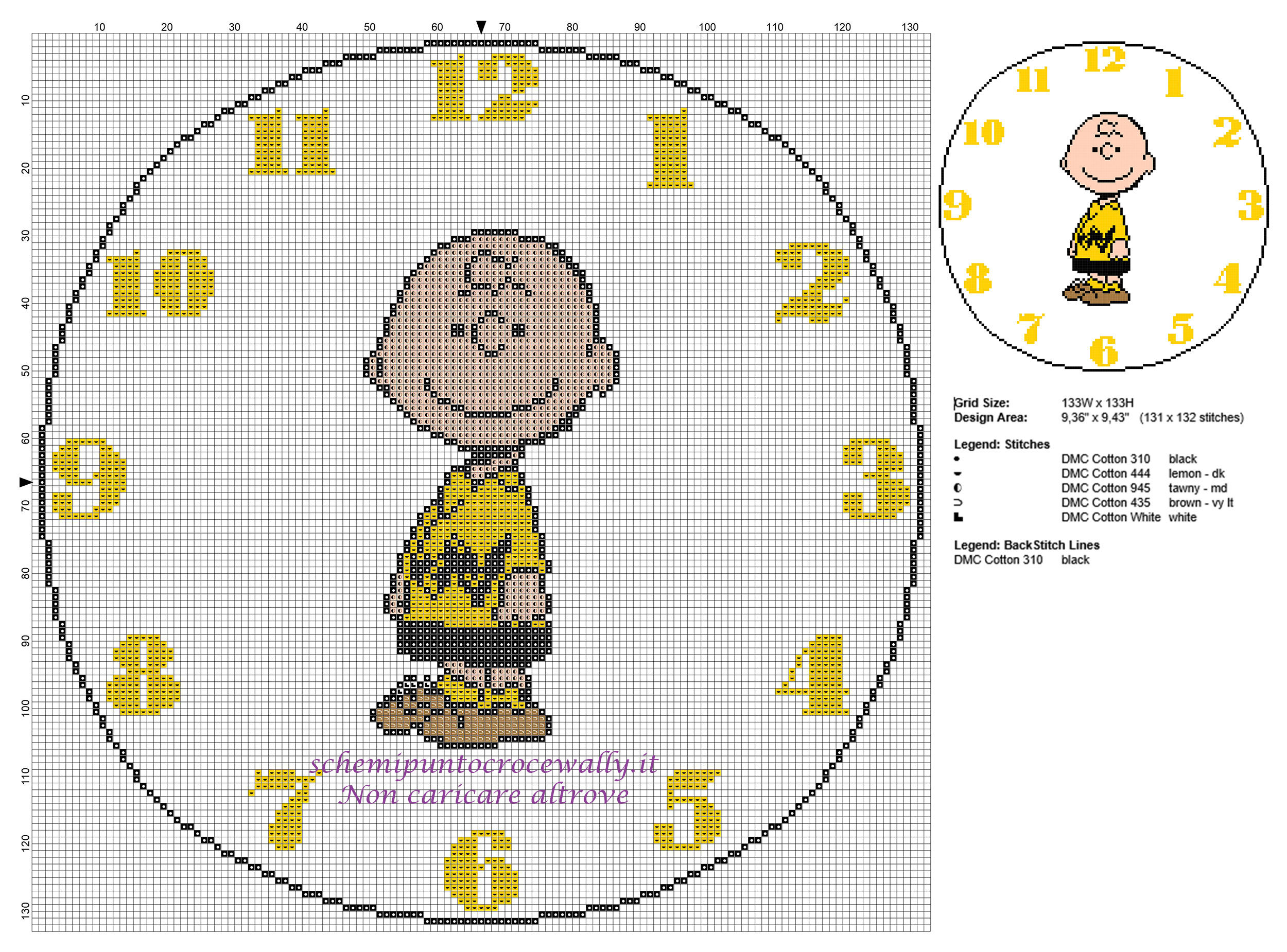 Orologio da parete per bambino con Charlie Brown schema ricamo punto croce