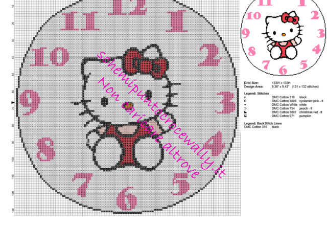 Orologio per la cameretta delle bambine con Hello Kitty schema punto croce gratis