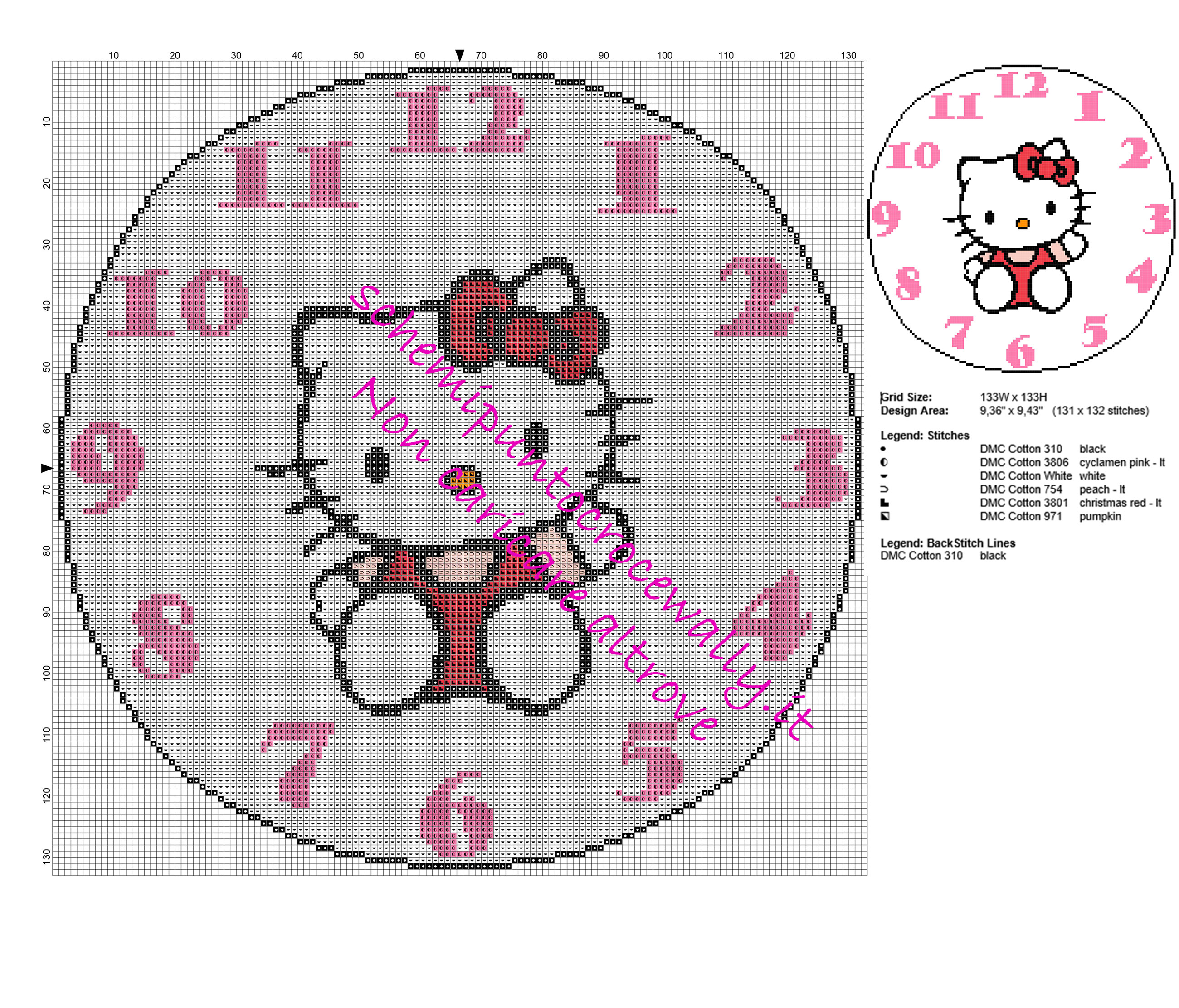 Orologio per la cameretta delle bambine con Hello Kitty schema punto croce gratis