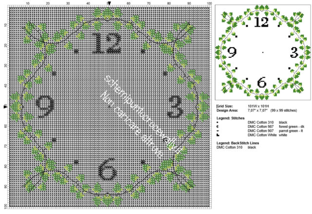 Orologio quadrato da cucina 101 x 101 schema punto croce gratis con l’ edera