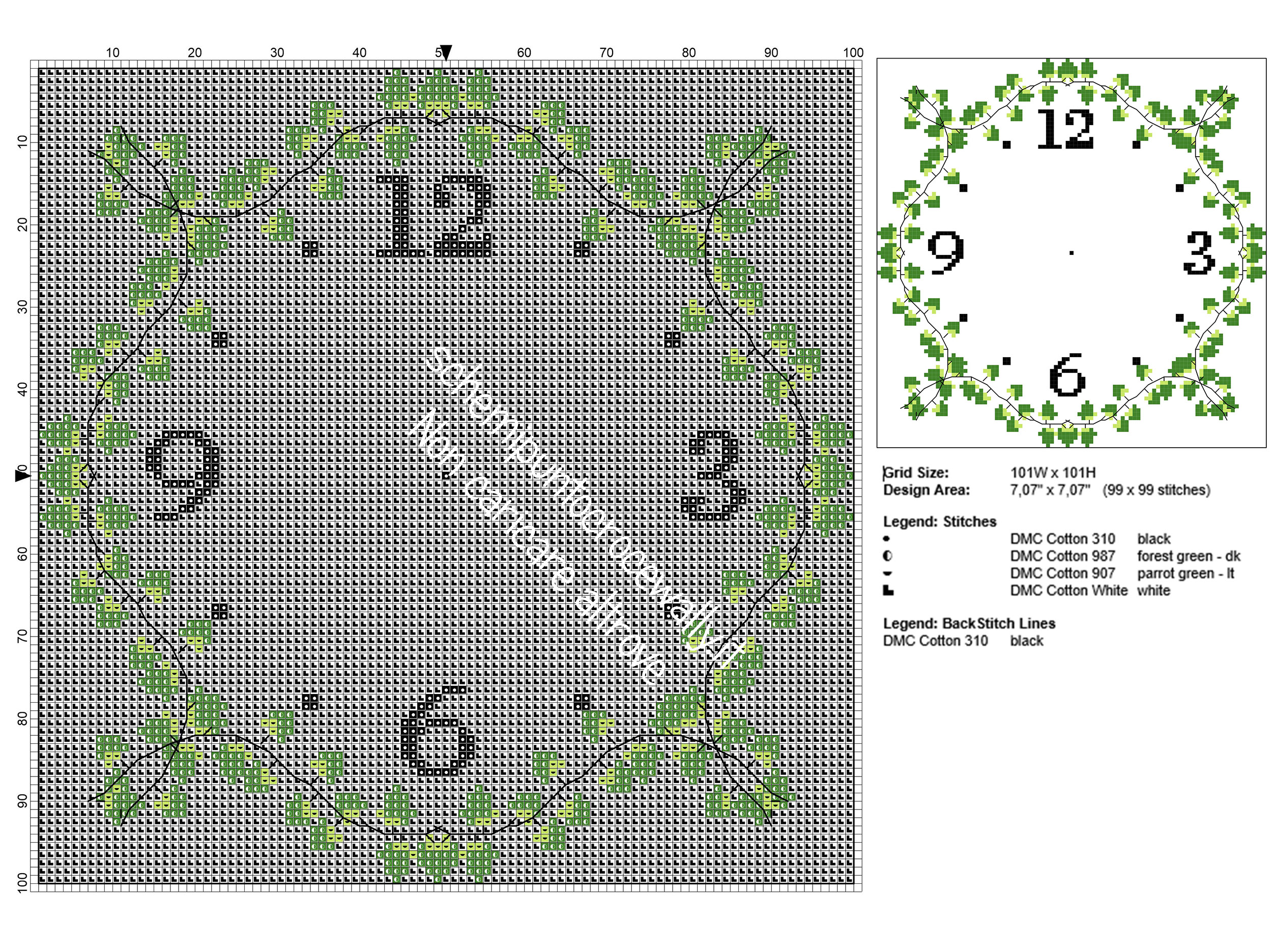 Orologio quadrato da cucina 101 x 101 schema punto croce gratis con l’ edera