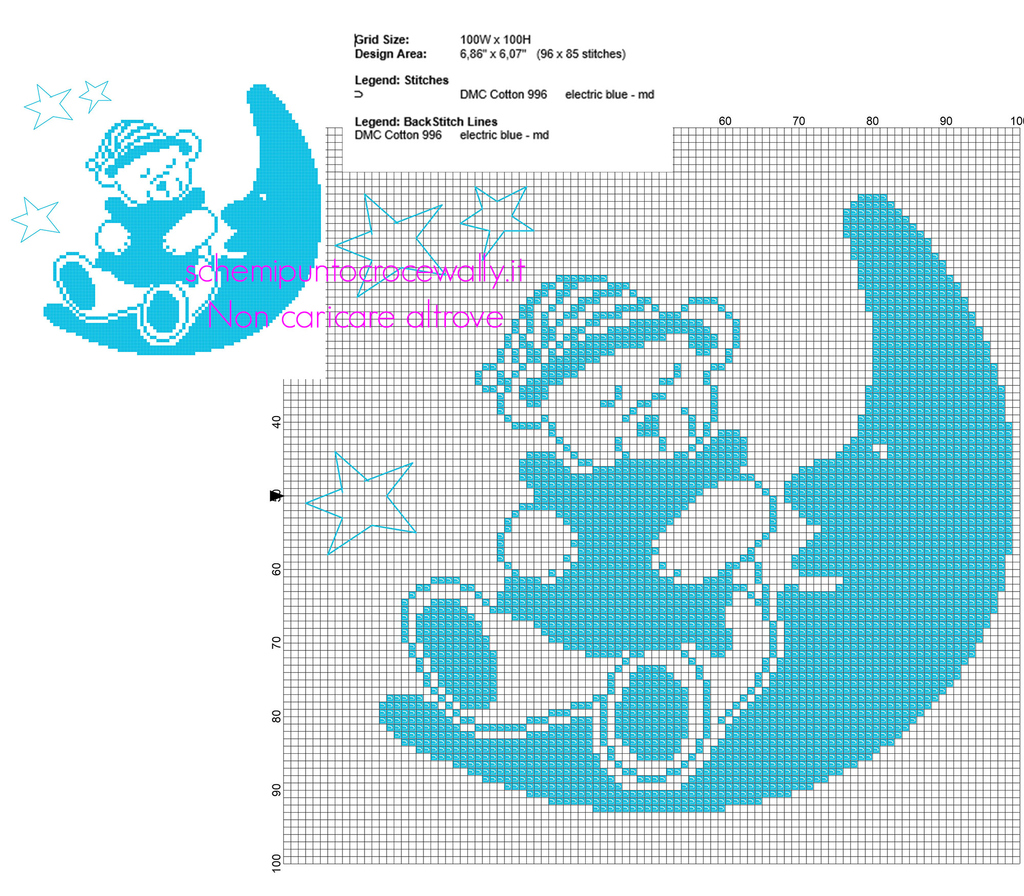 Orsacchiotto azzurro che dorme sulla Luna tra le Stelle schema punto croce da ricamare gratis