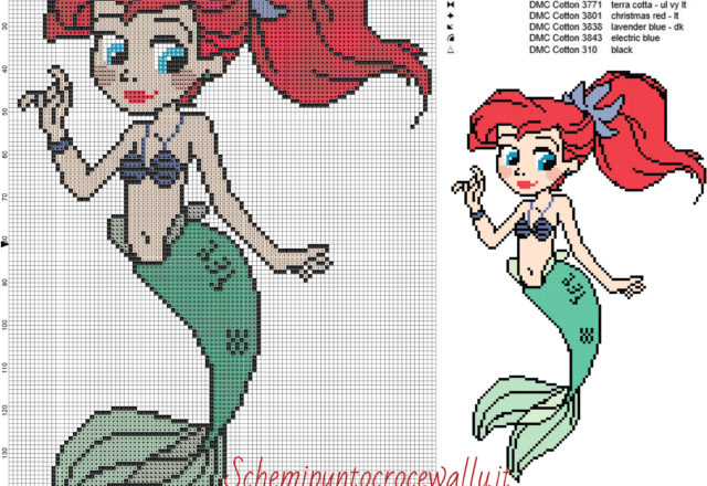 Piccola Ariel principessa Disney schema punto croce gratis 100x162 10 colori