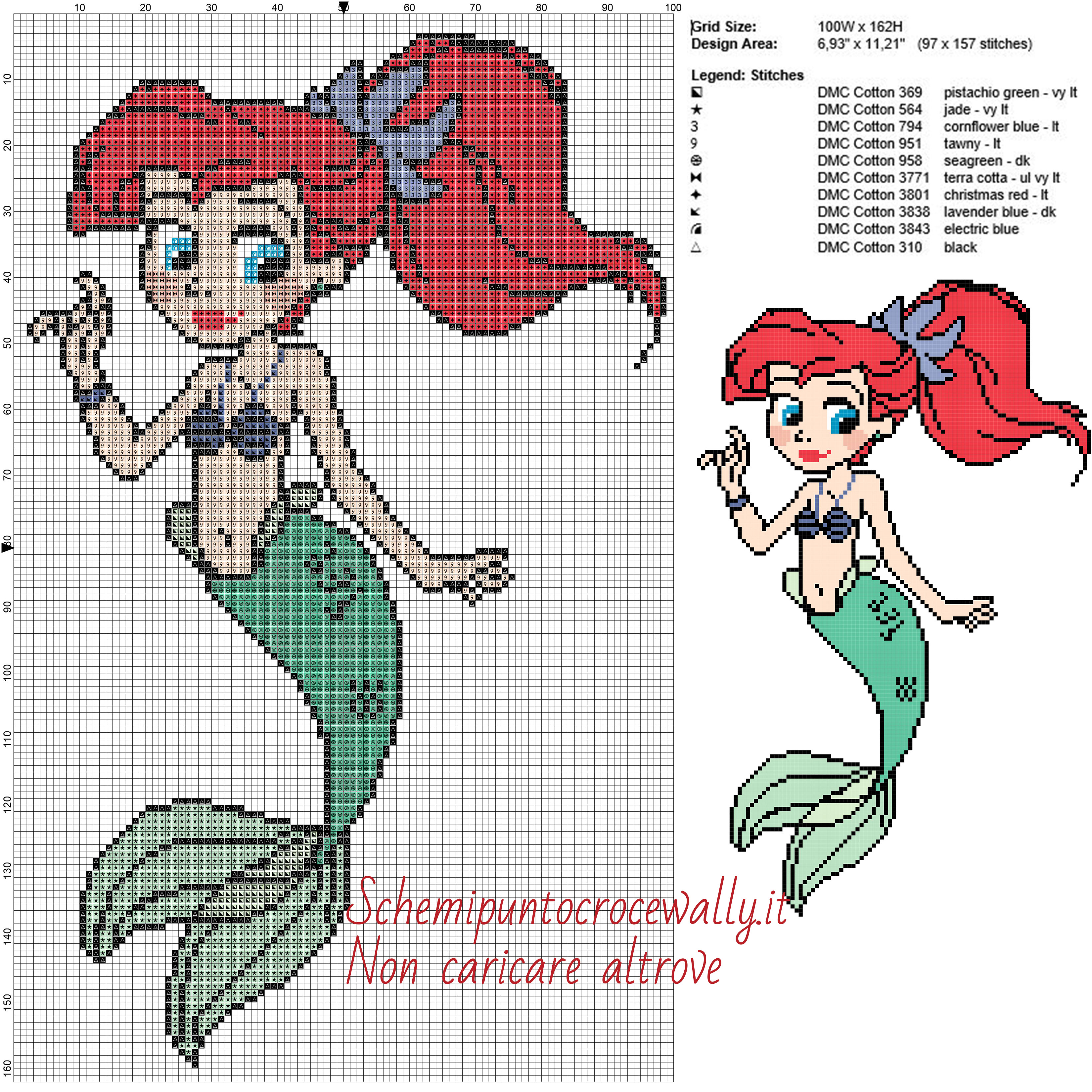 Piccola Ariel principessa Disney schema punto croce gratis 100x162 10 colori