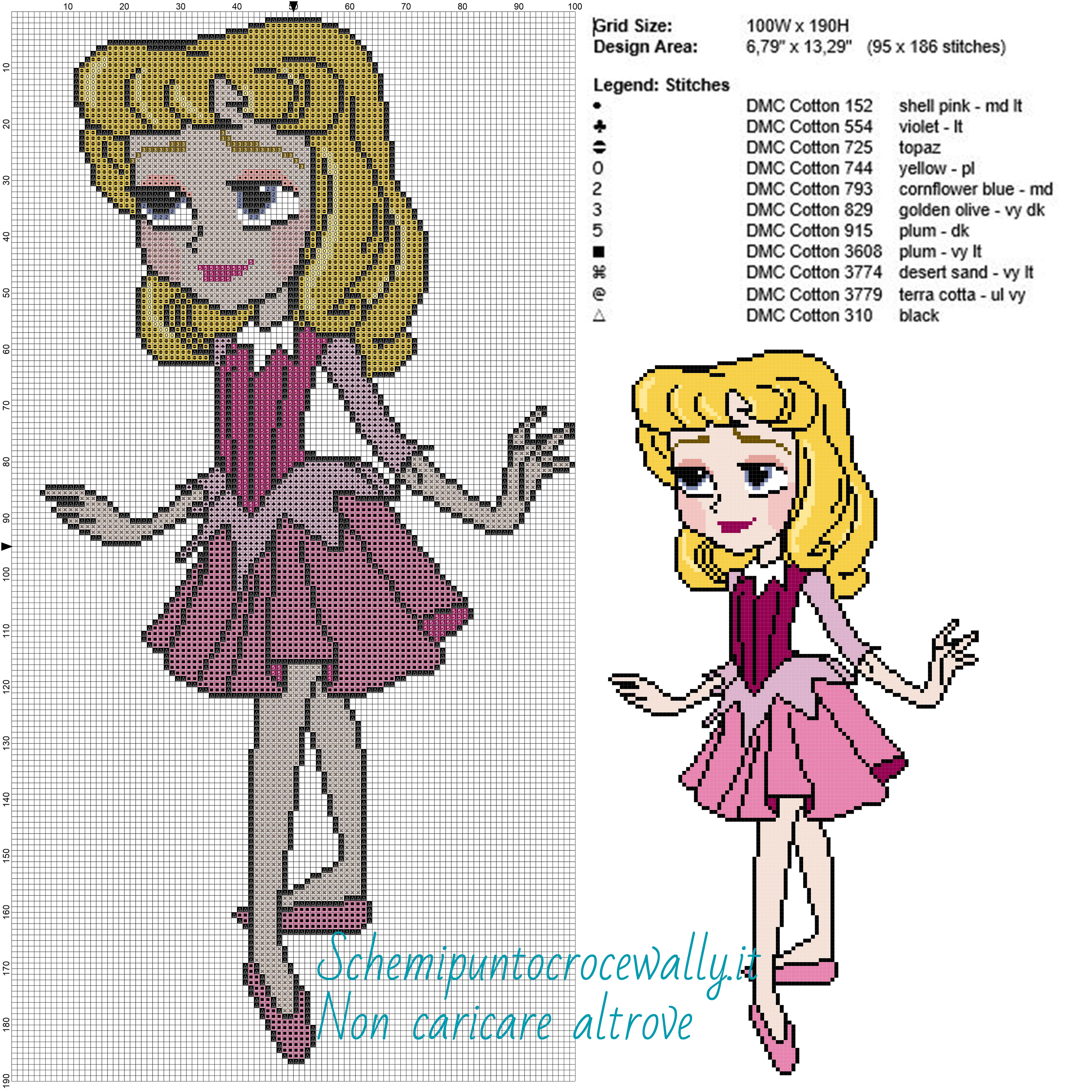 Piccola Aurora principessa disney schema gratis a punto croce 100x190 11 colori
