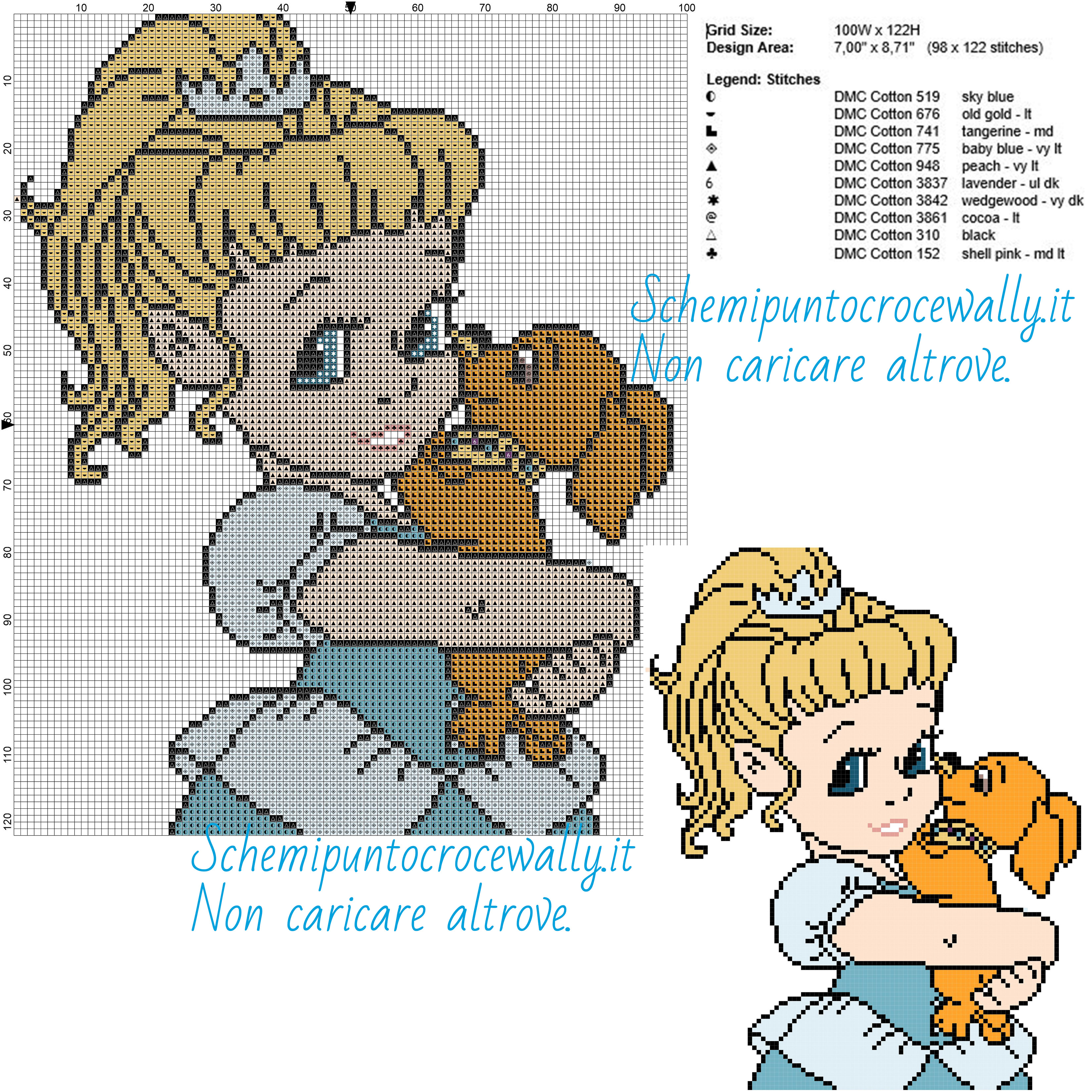 Piccola Cenerentola con cane schema Disney gratis a punto croce 100x122 10 colori