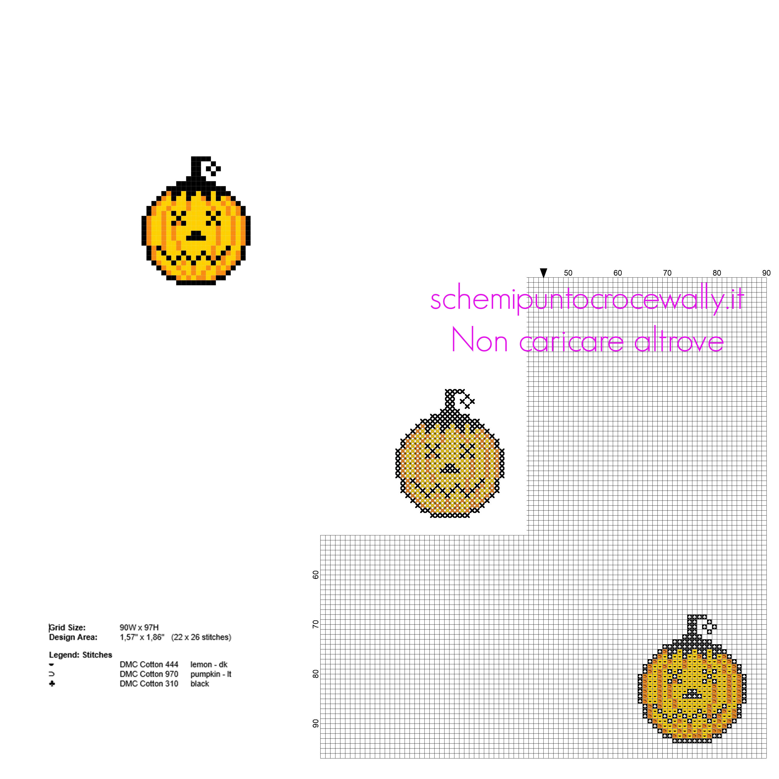 Piccola zucca di Halloween con faccia stordita schema punto croce gratis