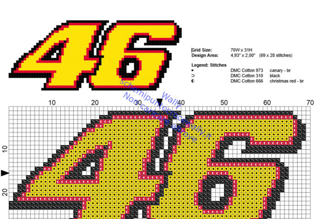 Piccolo schema punto croce logo di Valentino Rossi Moto GP numero 46 69 x 28 crocette 3 colori DMC