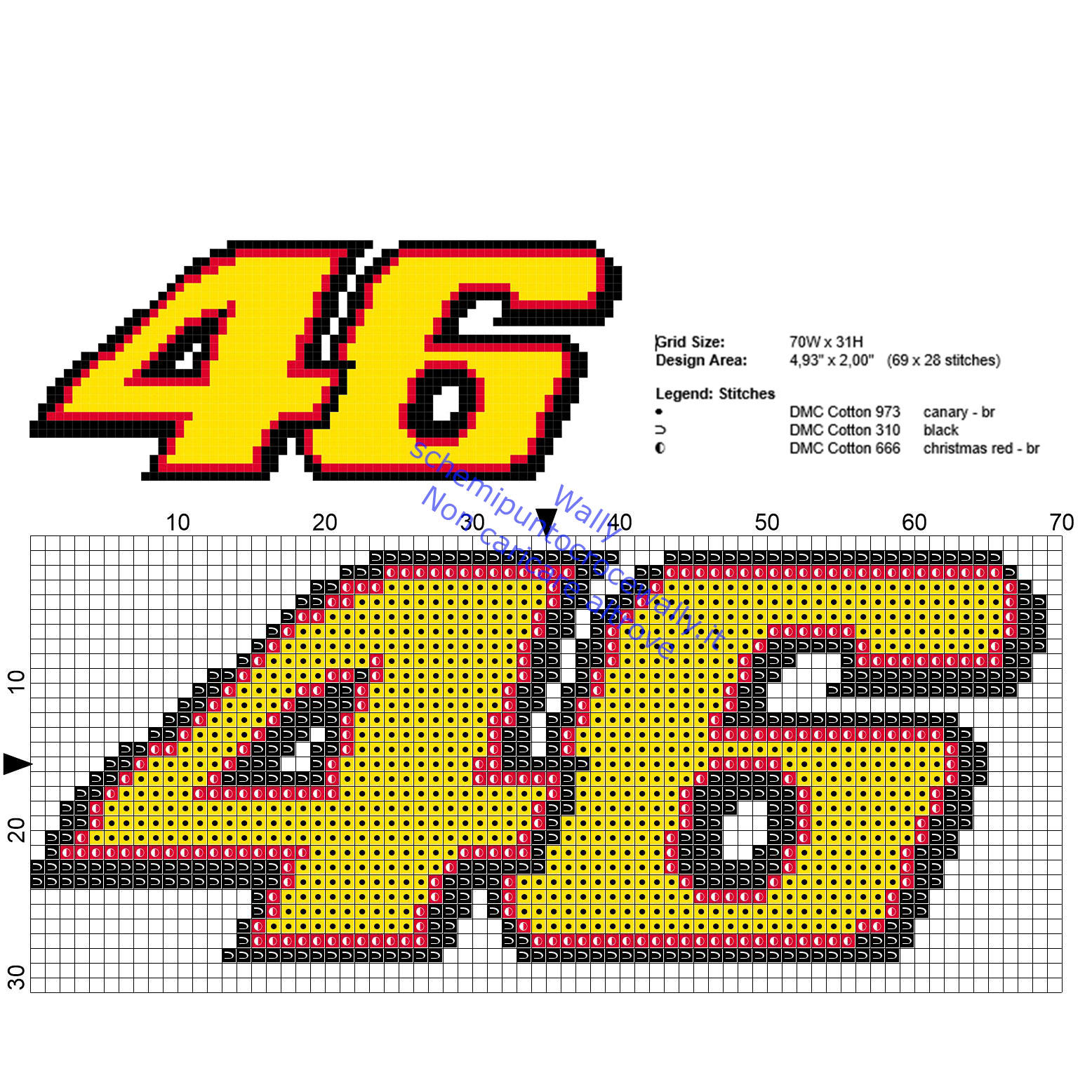 Piccolo schema punto croce logo di Valentino Rossi Moto GP numero 46 69 x 28 crocette 3 colori DMC