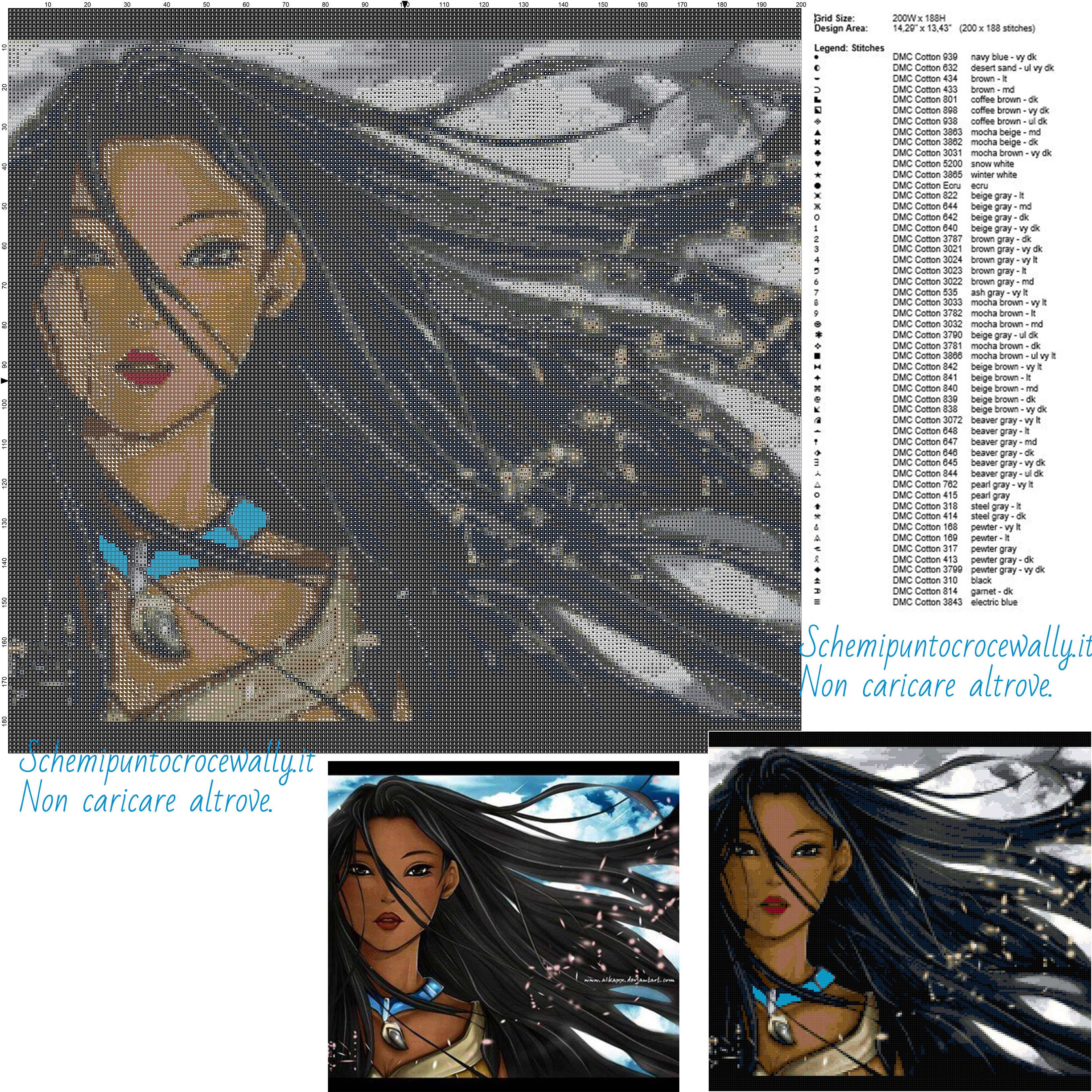 Pocahontas schema gratis punto croce 200x188 52 colori