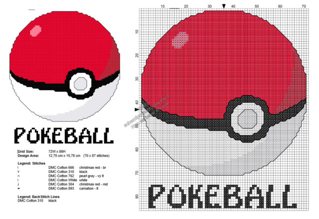 Pokeball dei Pokemon con testo schema punto croce gratis 70x87