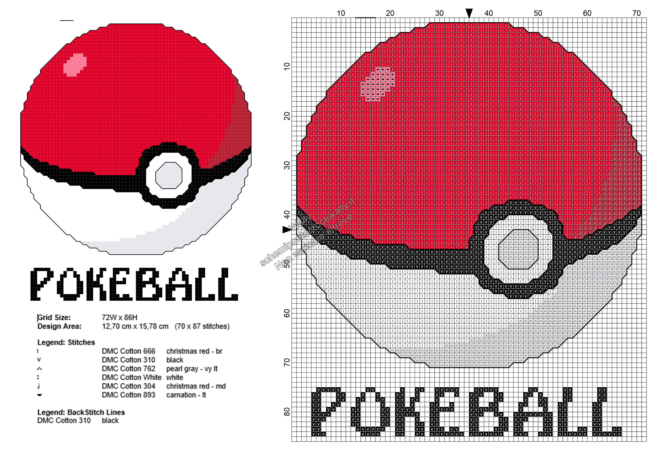 Pokeball dei Pokemon con testo schema punto croce gratis 70x87