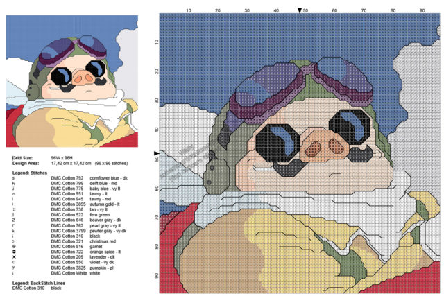 Porco Rosso anime Studio Ghibli Miyazaki schema punto croce gratis 96x96