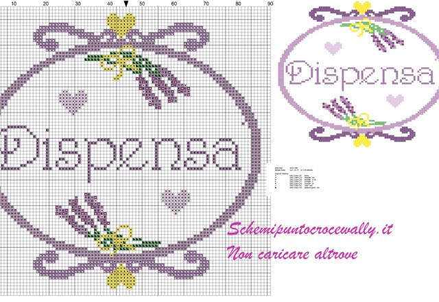 Quadretto dispensa con mazzolini di lavanda schema punto croce