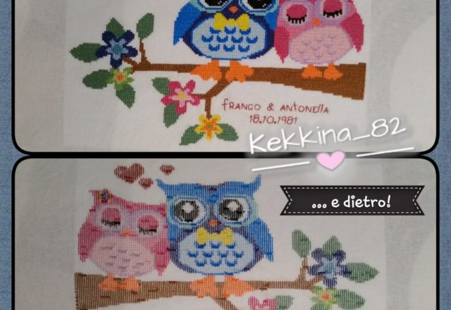 Quadretto punto croce con dolci gufetti innamorati autrice Fan su Facebook Francesca Kekkina Pillonca (1)