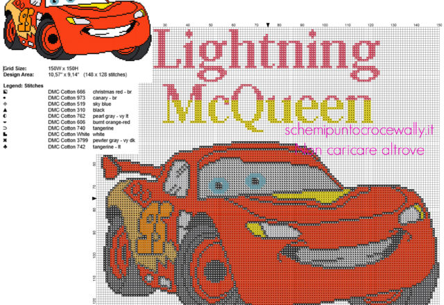 Saetta McQueen personaggio Disney Cars cartoni animati per bambini schema punto croce 150 crocette circa