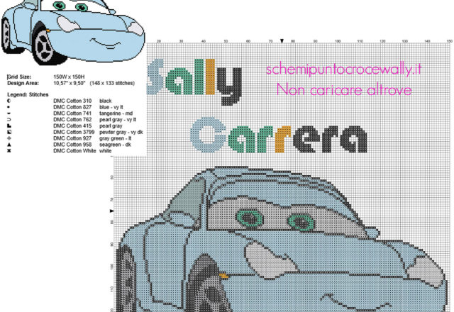 Sally Carrera personaggio Disney Cars schema punto croce da ricamare