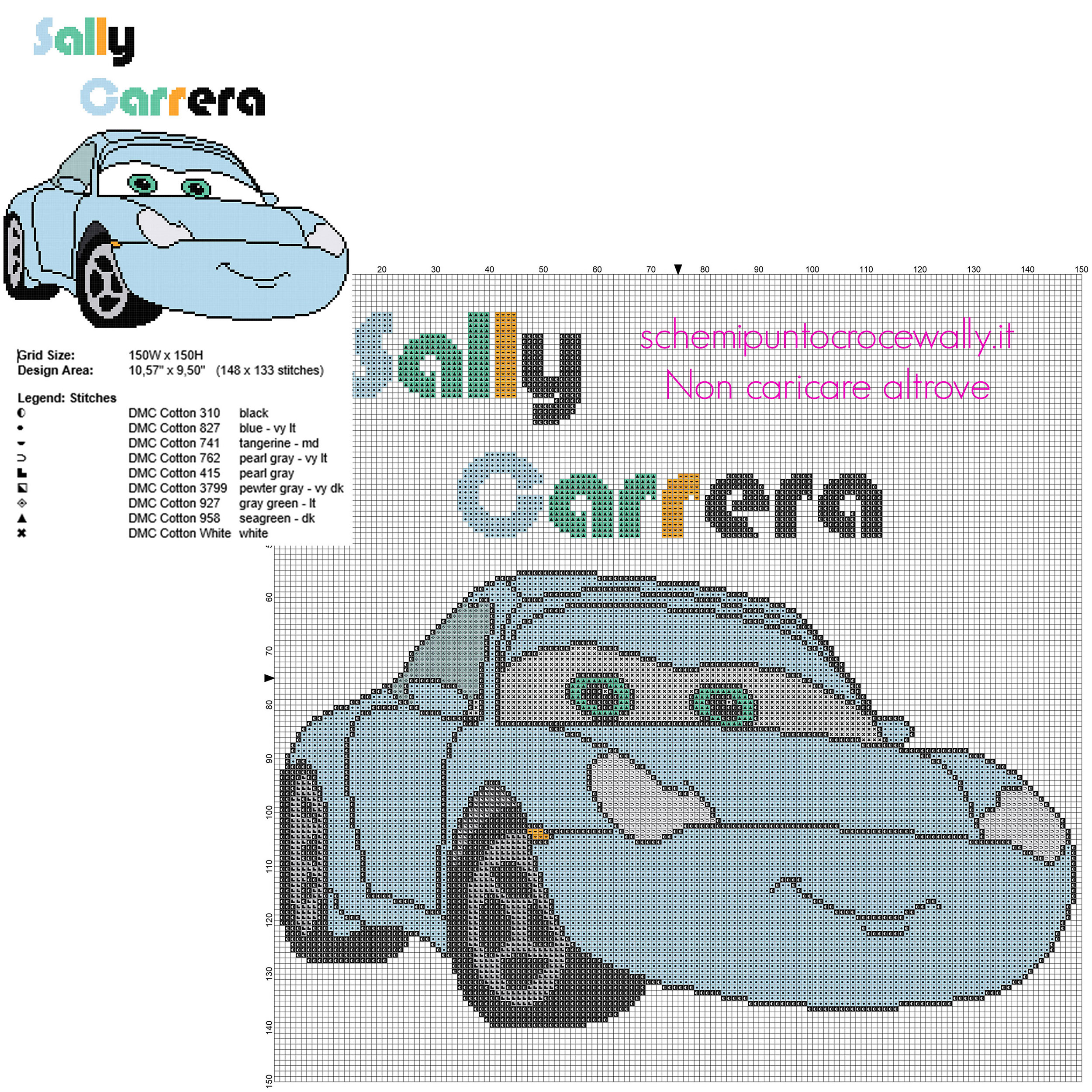 Sally Carrera personaggio Disney Cars schema punto croce da ricamare