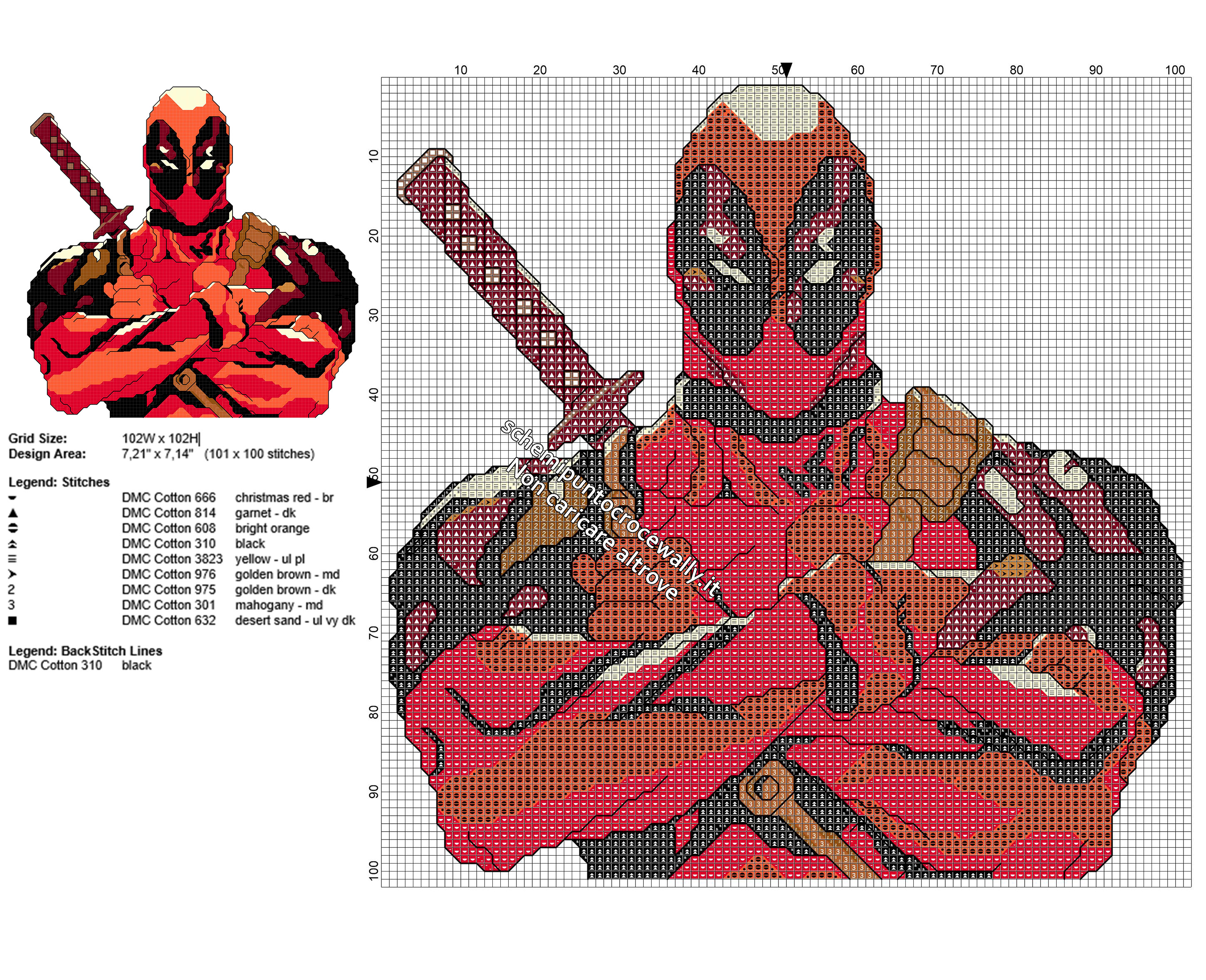 Schema da ricamare punto croce di Deadpool col punto scritto