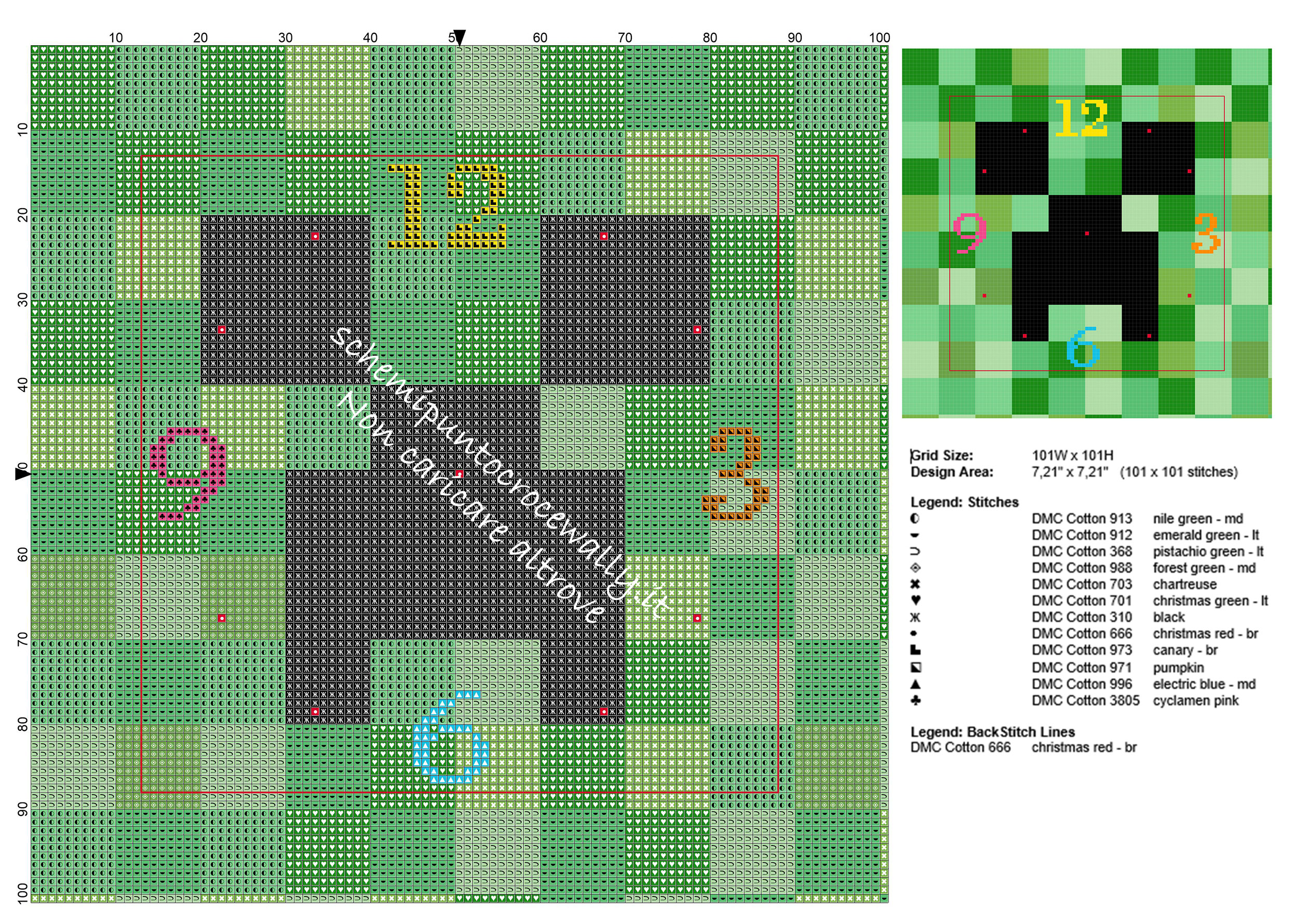 Schema gratis orologio ricamo punto croce col simpatico Creeper di Minecraft