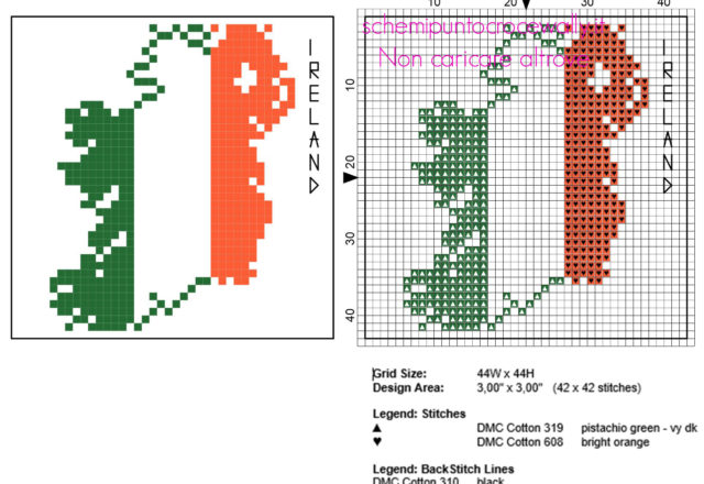 Schema gratis sottobicchieri punto croce con mappa dell’ Irlanda e colori Irlanda 44 x 44
