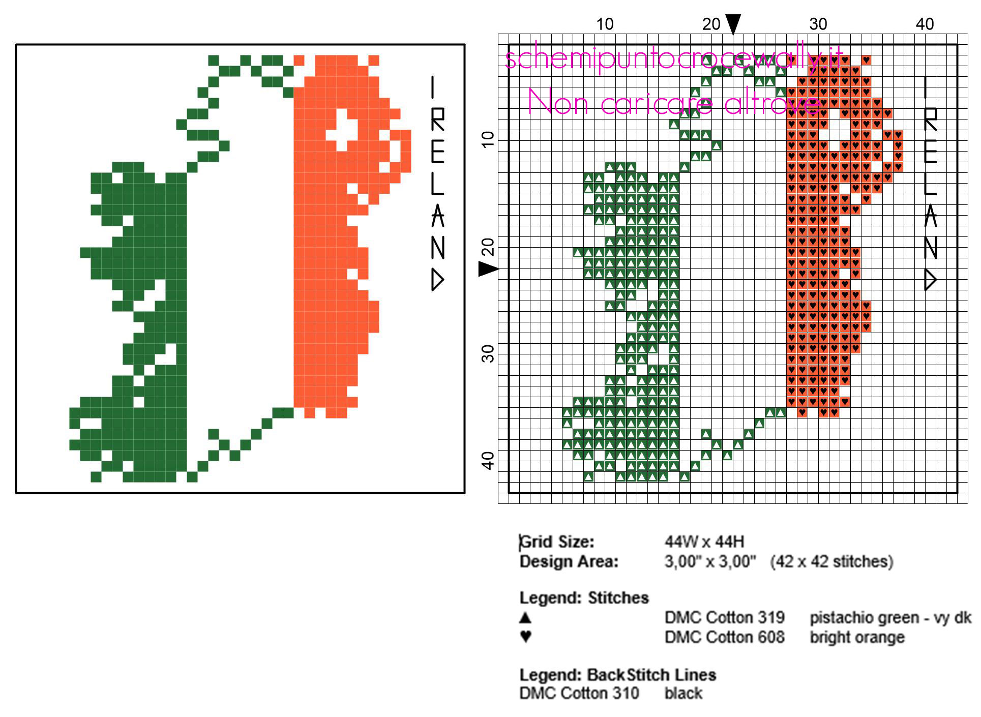 Schema gratis sottobicchieri punto croce con mappa dell’ Irlanda e colori Irlanda 44 x 44