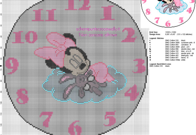 Schema orologio punto croce con Baby Minnie con orsetto 130 crocette diametro