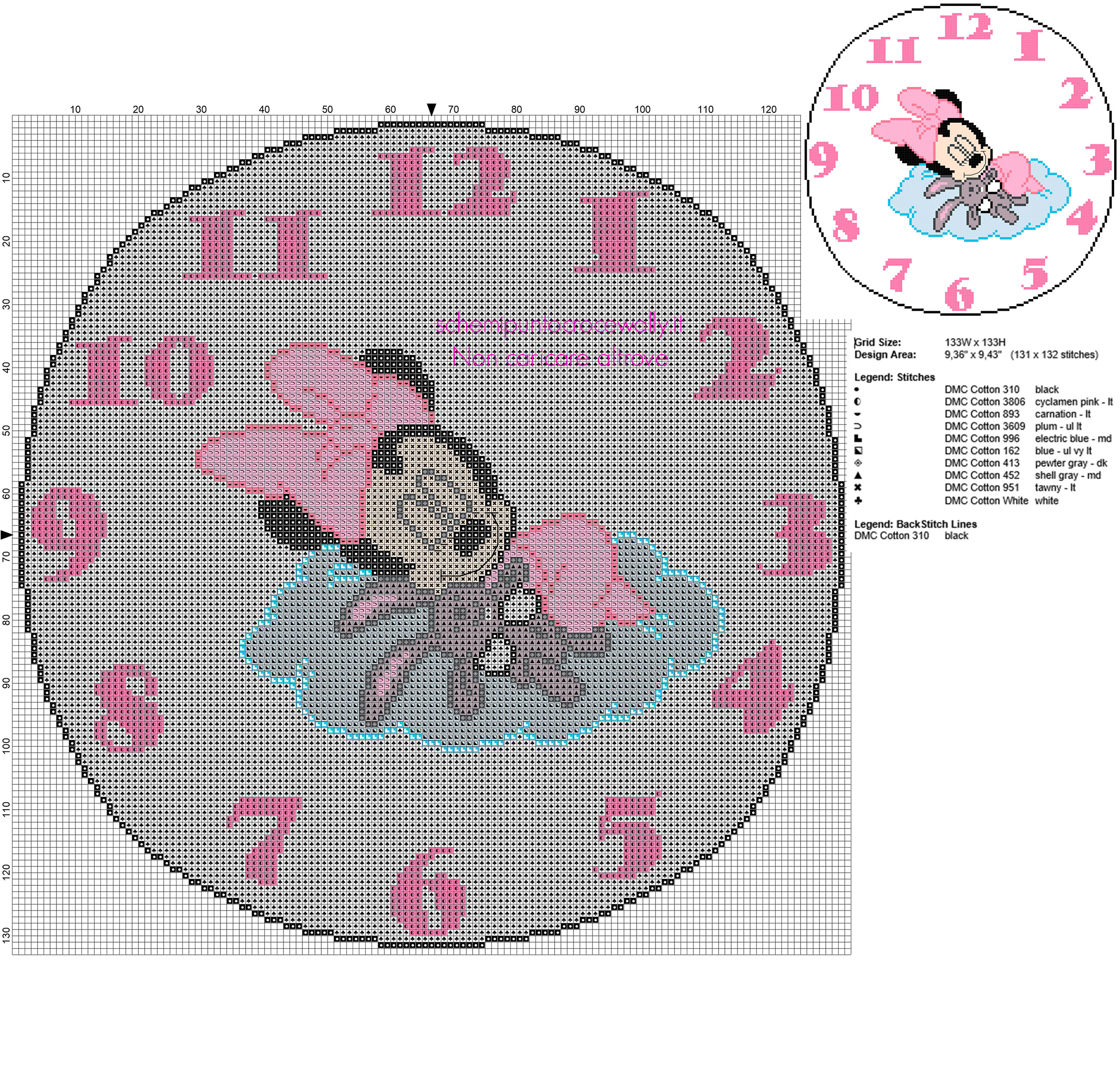 Schema orologio punto croce con Baby Minnie con orsetto 130 crocette diametro