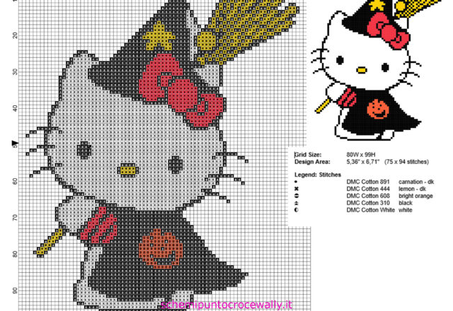 Schema punto croce Hello Kitty Strega di Halloween