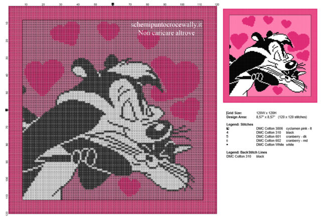 Schema punto croce Pepé Le Pew e la Gatta Penelope San Valentino Looney Tunes