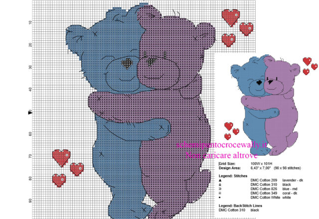 Schema punto croce col punto scritto coppia di orsetti colorati che si abbracciano