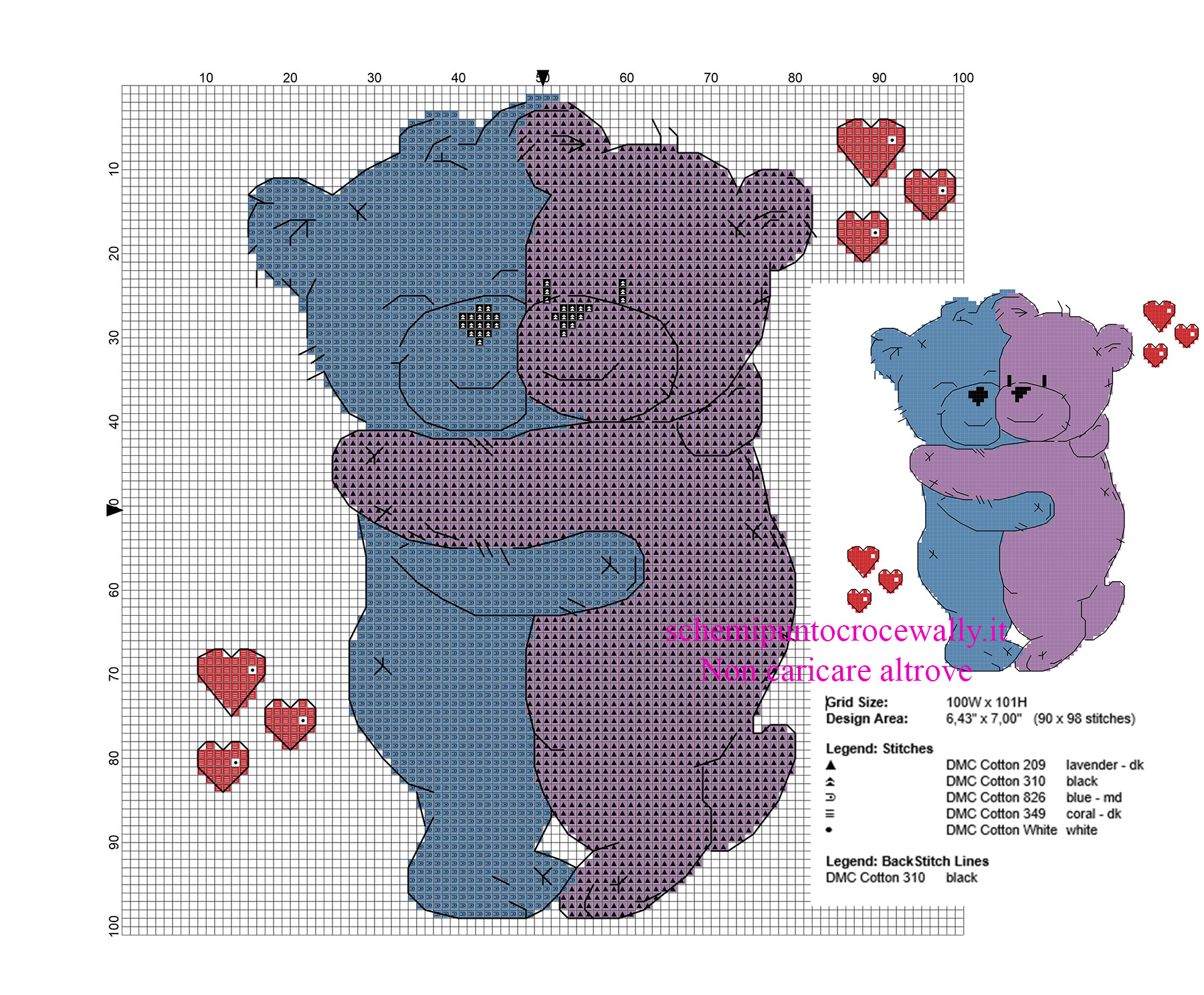 Schema punto croce col punto scritto coppia di orsetti colorati che si abbracciano