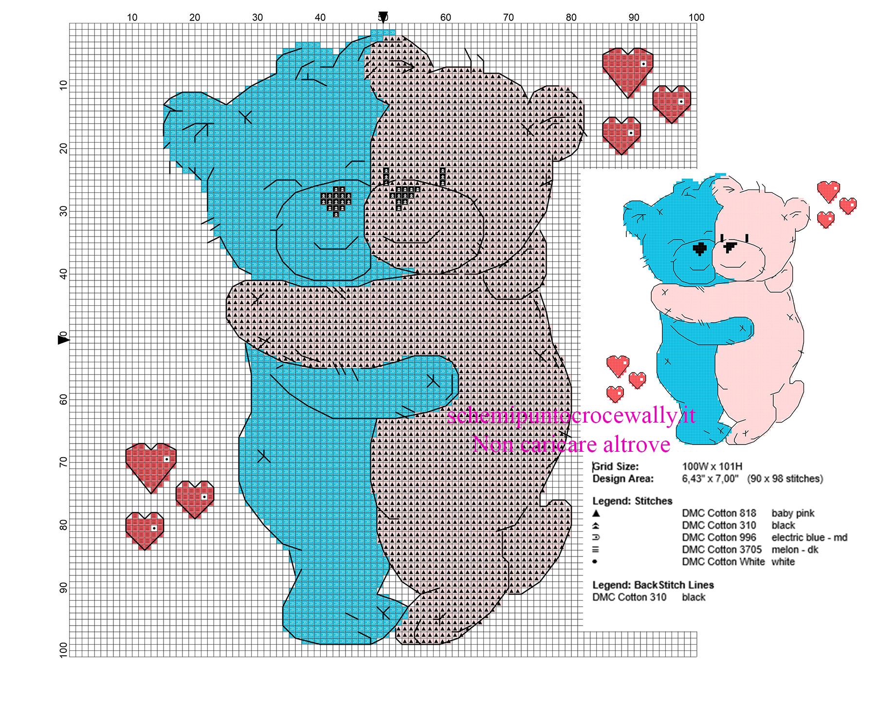 Schema punto croce coppia di orsetti innamorati rosa e azzurro che si abbracciano