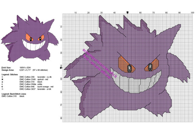 Schema punto croce da ricamare gratis del Pokemon Gengar