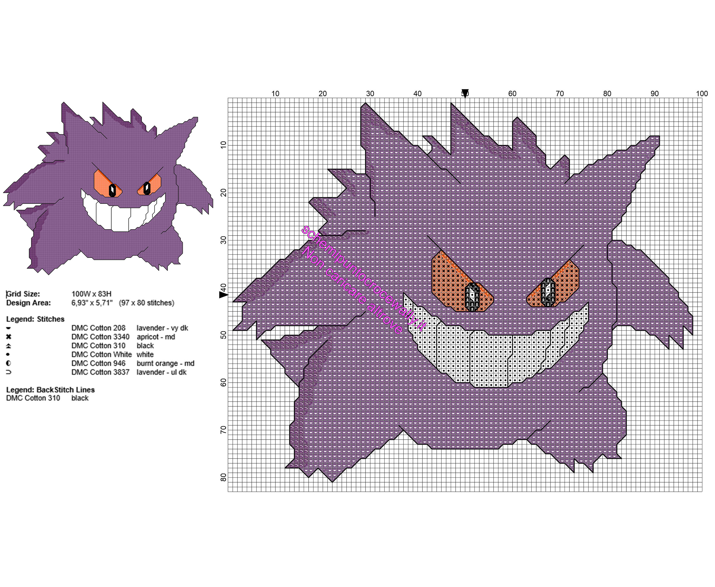 Schema punto croce da ricamare gratis del Pokemon Gengar