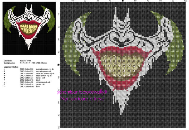 Schema punto croce il volto di Joker download gratuito dimensioni 100 x 100 crocette