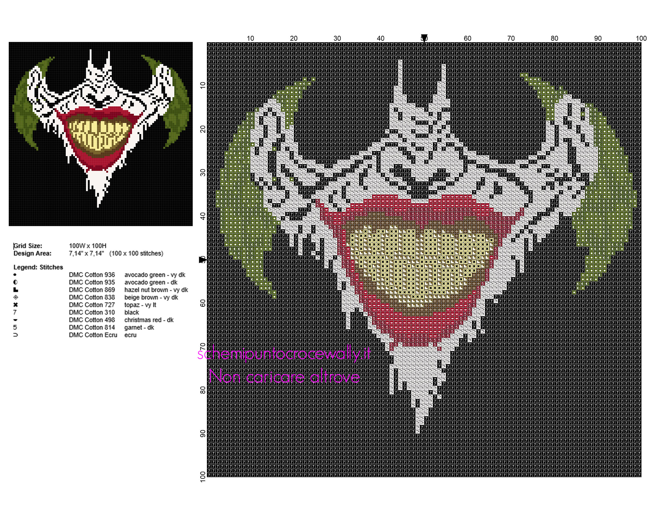 Schema punto croce il volto di Joker download gratuito dimensioni 100 x 100 crocette