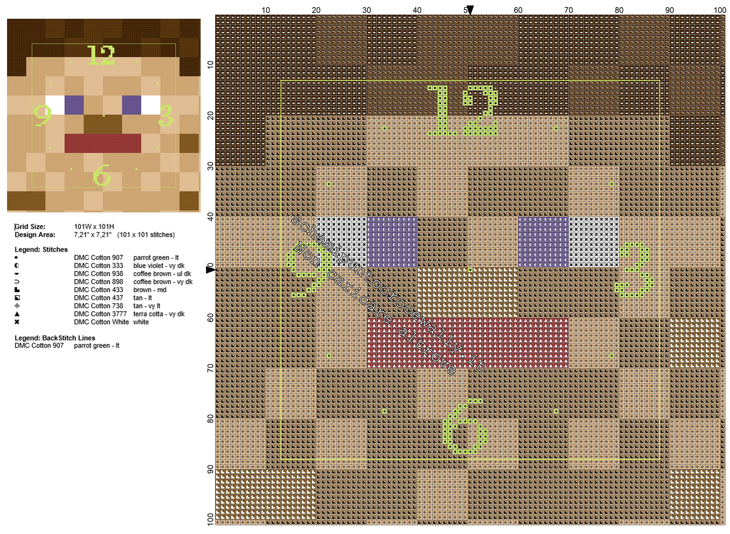 Schema punto croce orologio per bambini con il volto di Steve personaggio Minecraft