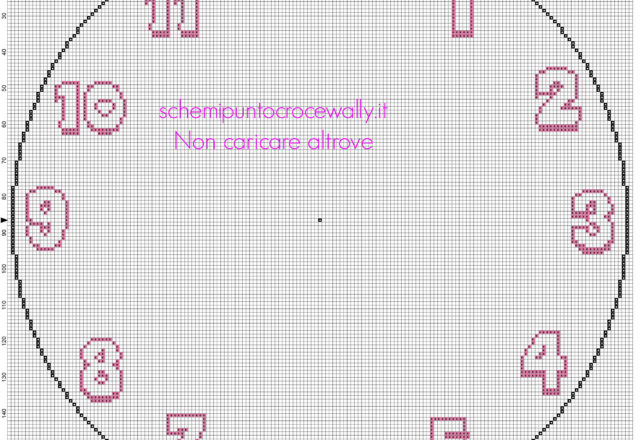 Schema punto croce orologio rotondo vuoto bimba rosa con solo i numeri 171 crocette di diametro