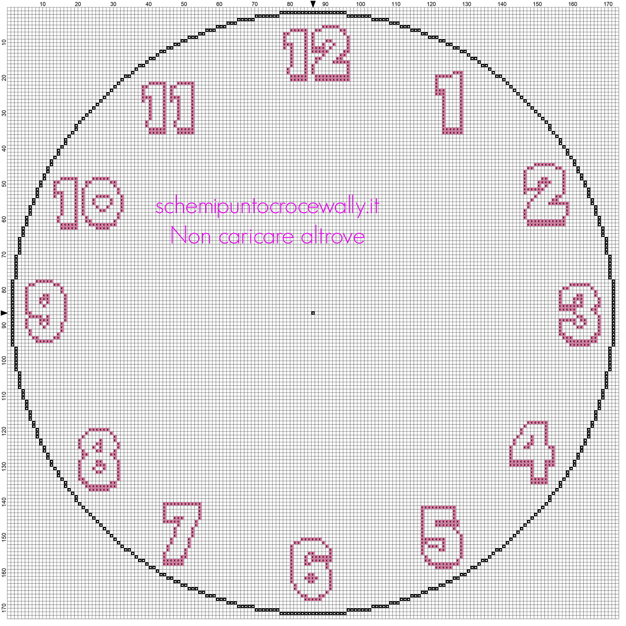 Schema punto croce orologio rotondo vuoto bimba rosa con solo i numeri 171 crocette di diametro