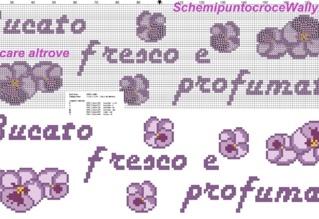 Schema punto croce per coprilavatrice con pansè bucato fresco e profumato